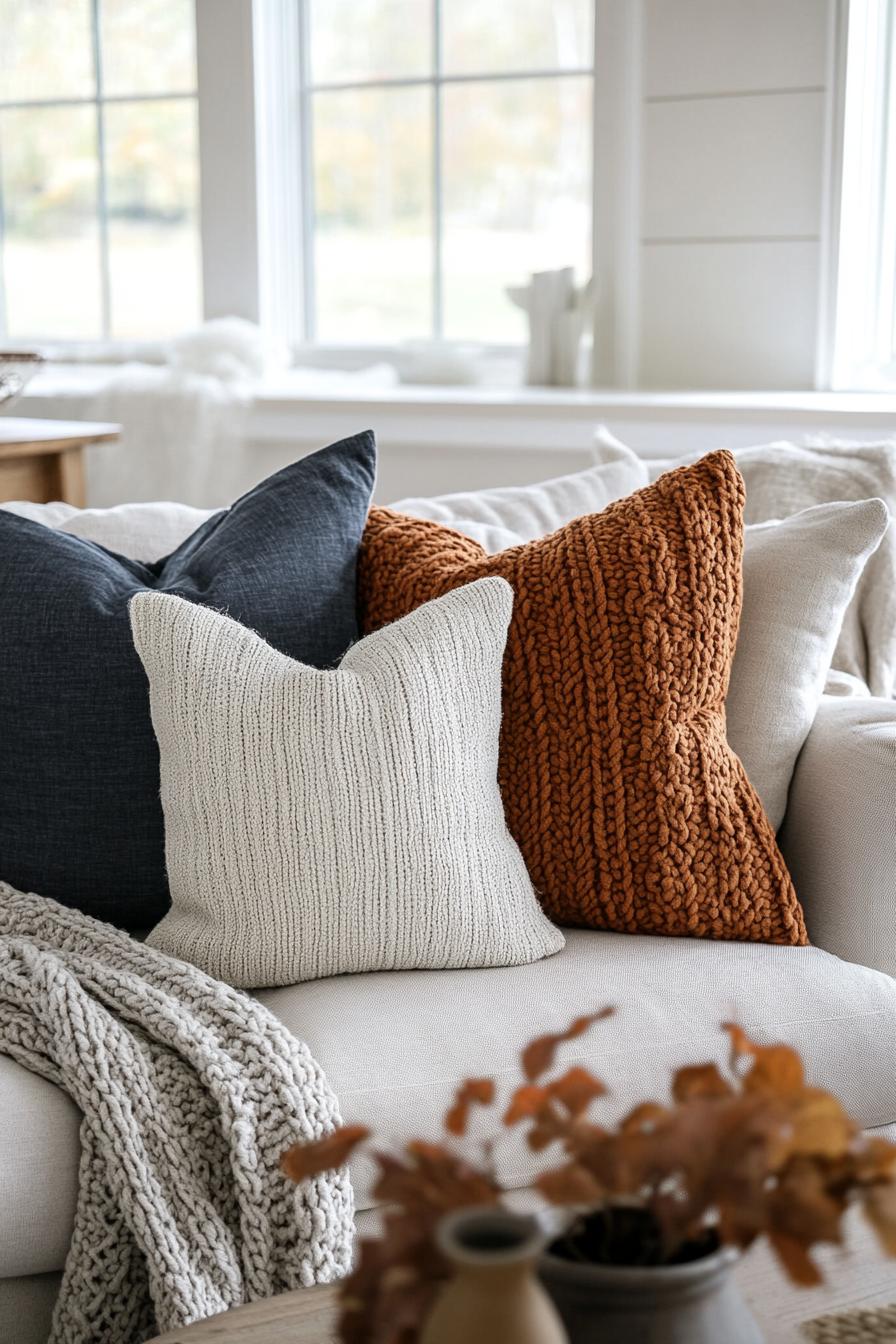 modern farmhouse interior living room sofa fall decor with chunky knit pillows 2