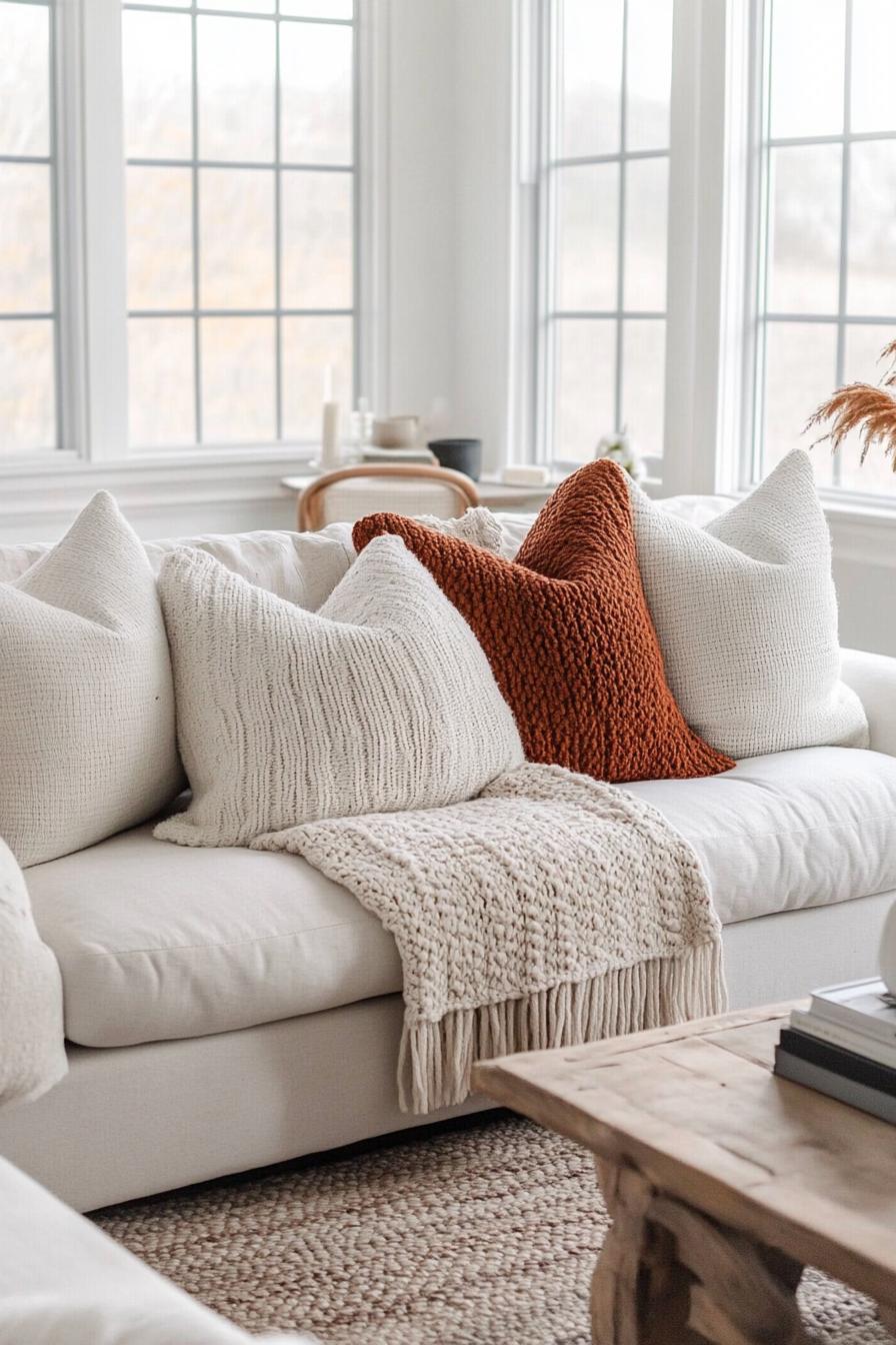 modern farmhouse interior living room sofa fall decor with chunky knit pillows 3