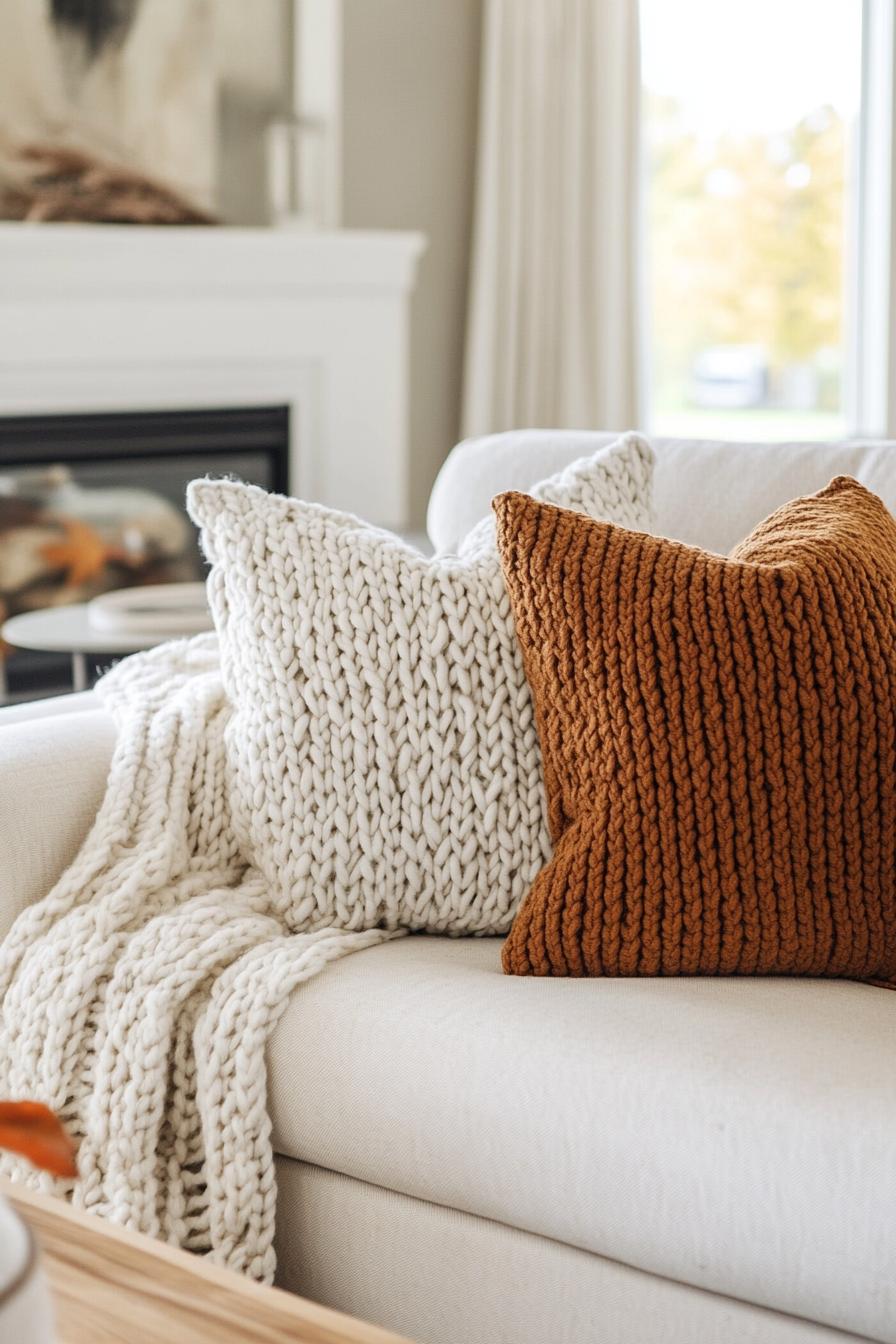 modern farmhouse interior living room sofa fall decor with chunky knit pillows