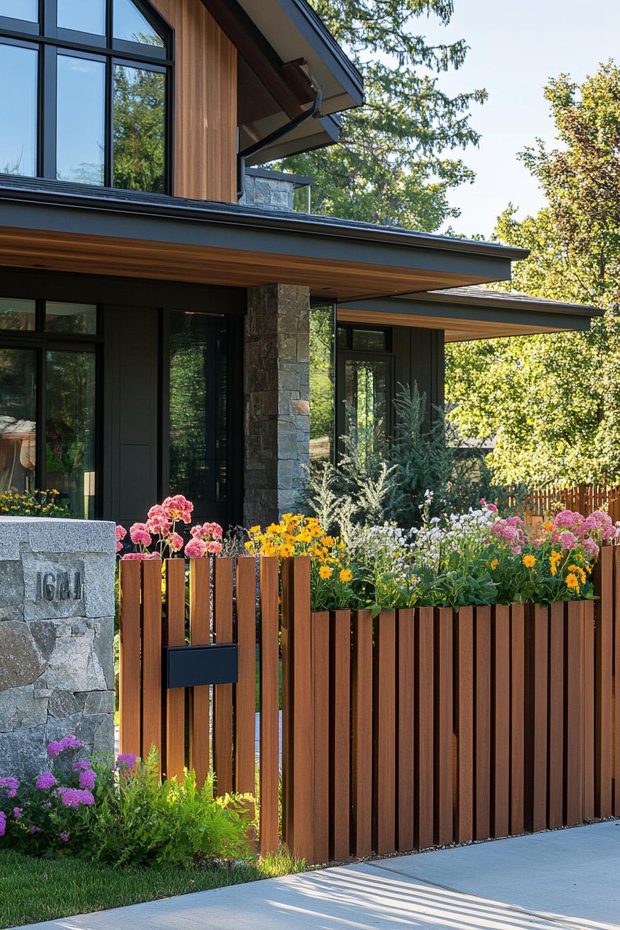 modern house front picket fence with integrated planter posts wide view 1