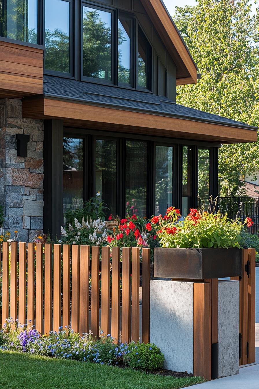 modern house front picket fence with integrated planter posts wide view