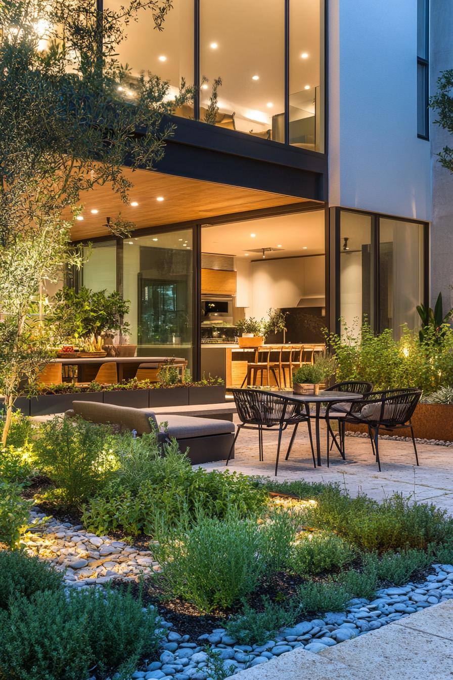 modern house outdoor space with mini herb garden and bistro set seating