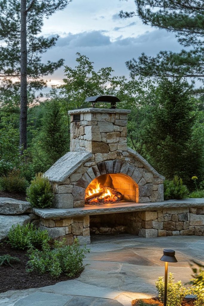 modern backyard firepit with stone pizza oven 1