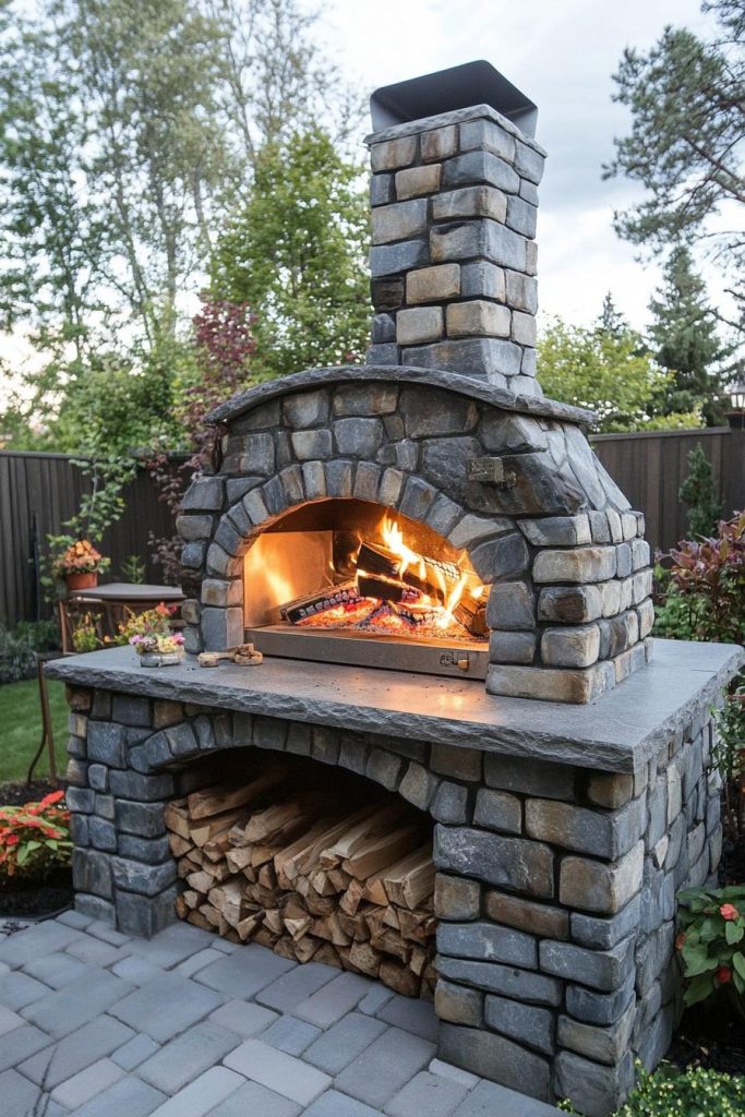 modern backyard firepit with stone pizza oven