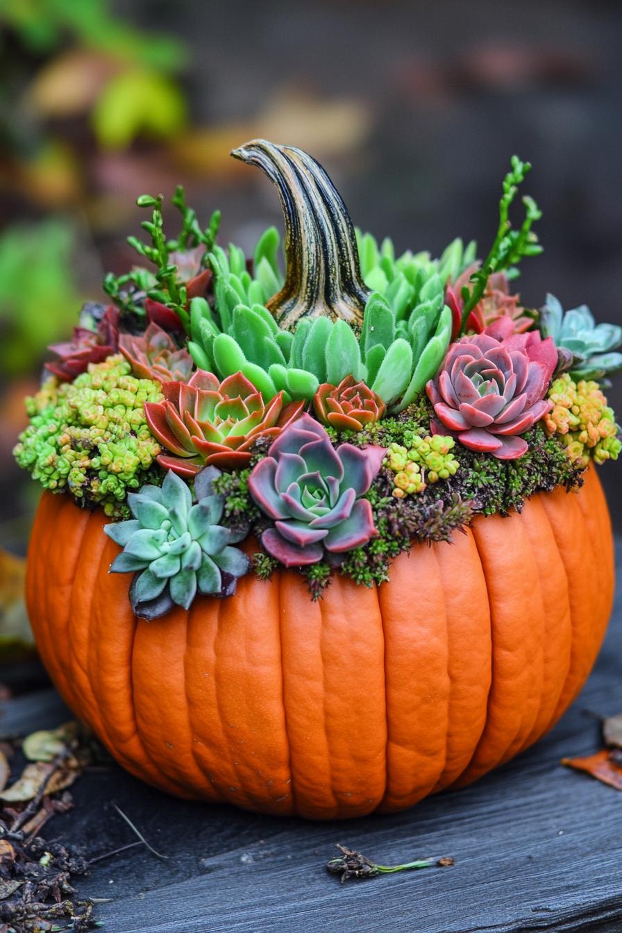 DIY fall decor pumpkin planter with succulents for table centeriece 1