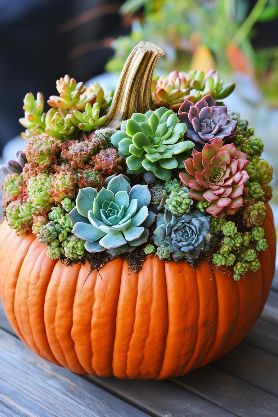 DIY fall decor pumpkin planter with succulents for table centeriece 2