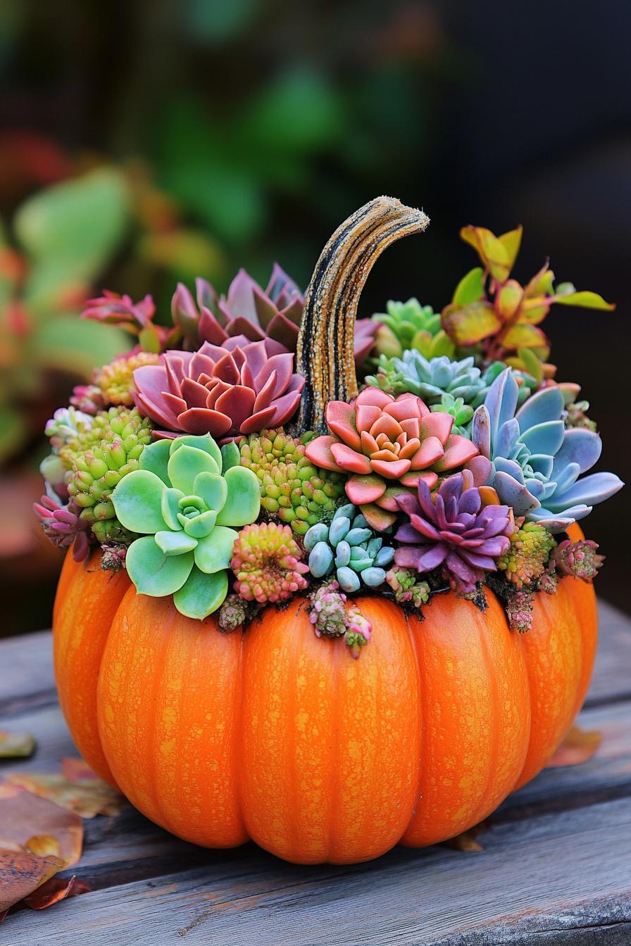 DIY fall decor pumpkin planter with succulents for table centeriece 3