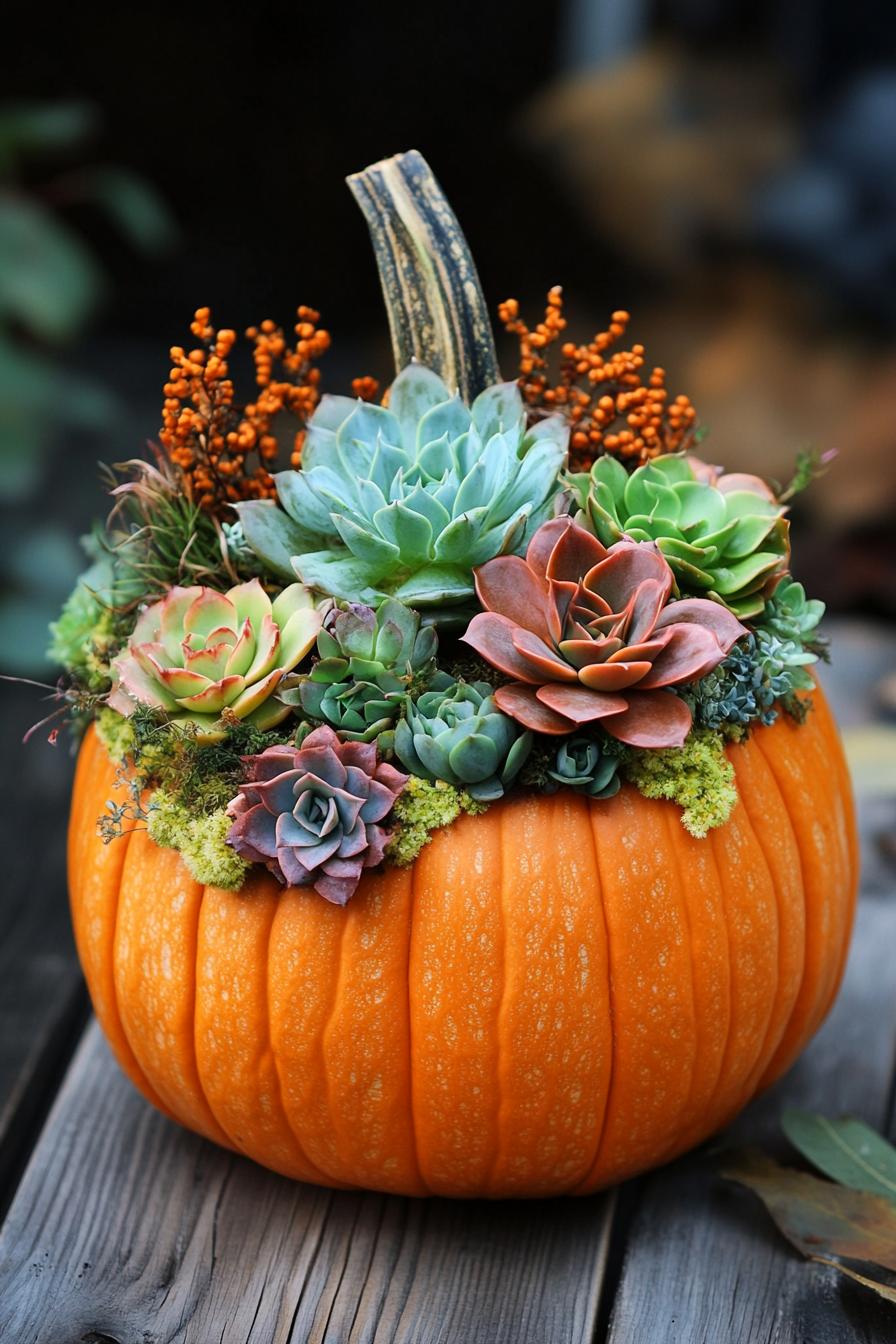 DIY fall decor pumpkin planter with succulents for table centeriece