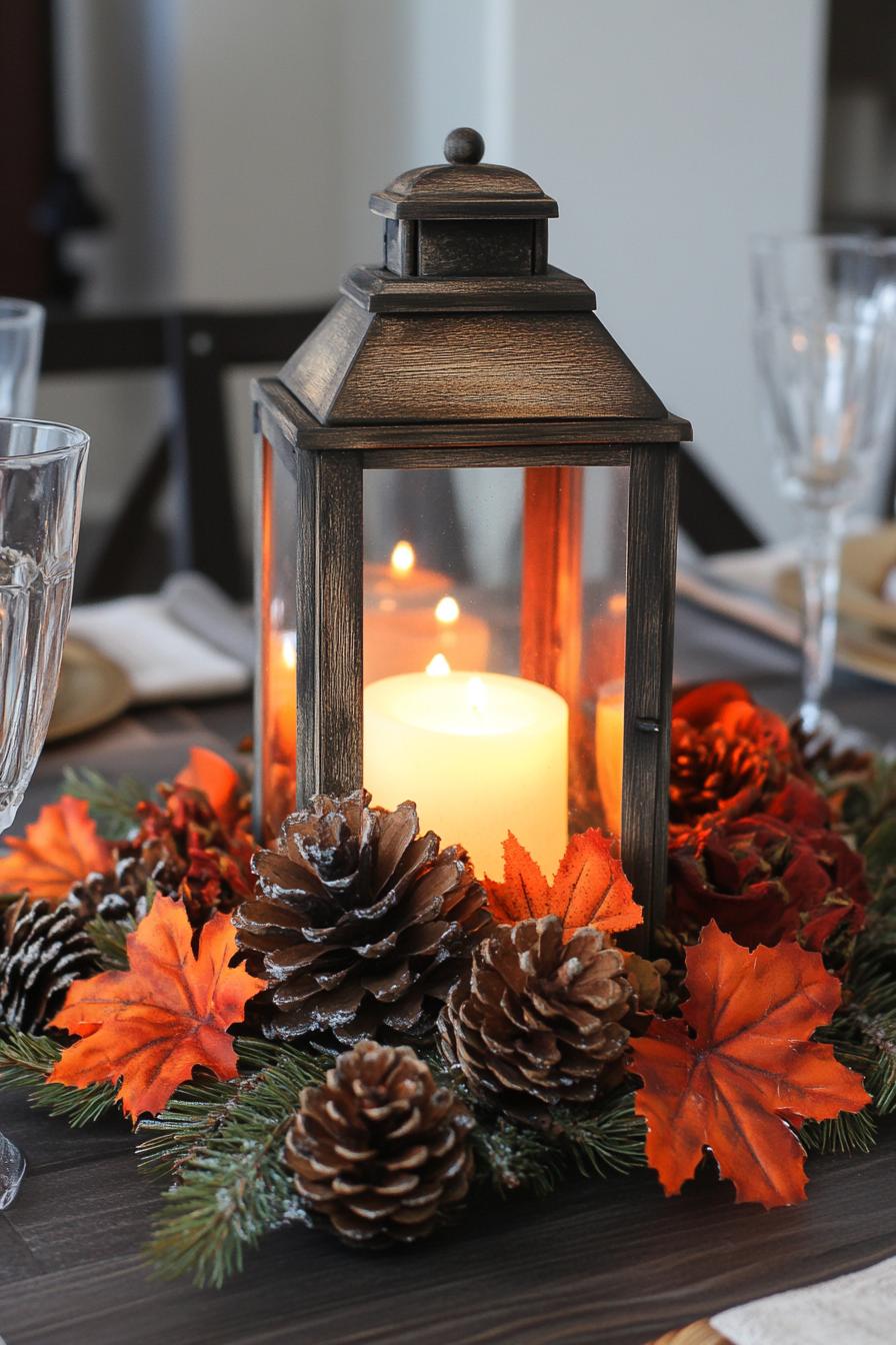 fall decor table centerpiece with rustic lantern and mini pinecones 1