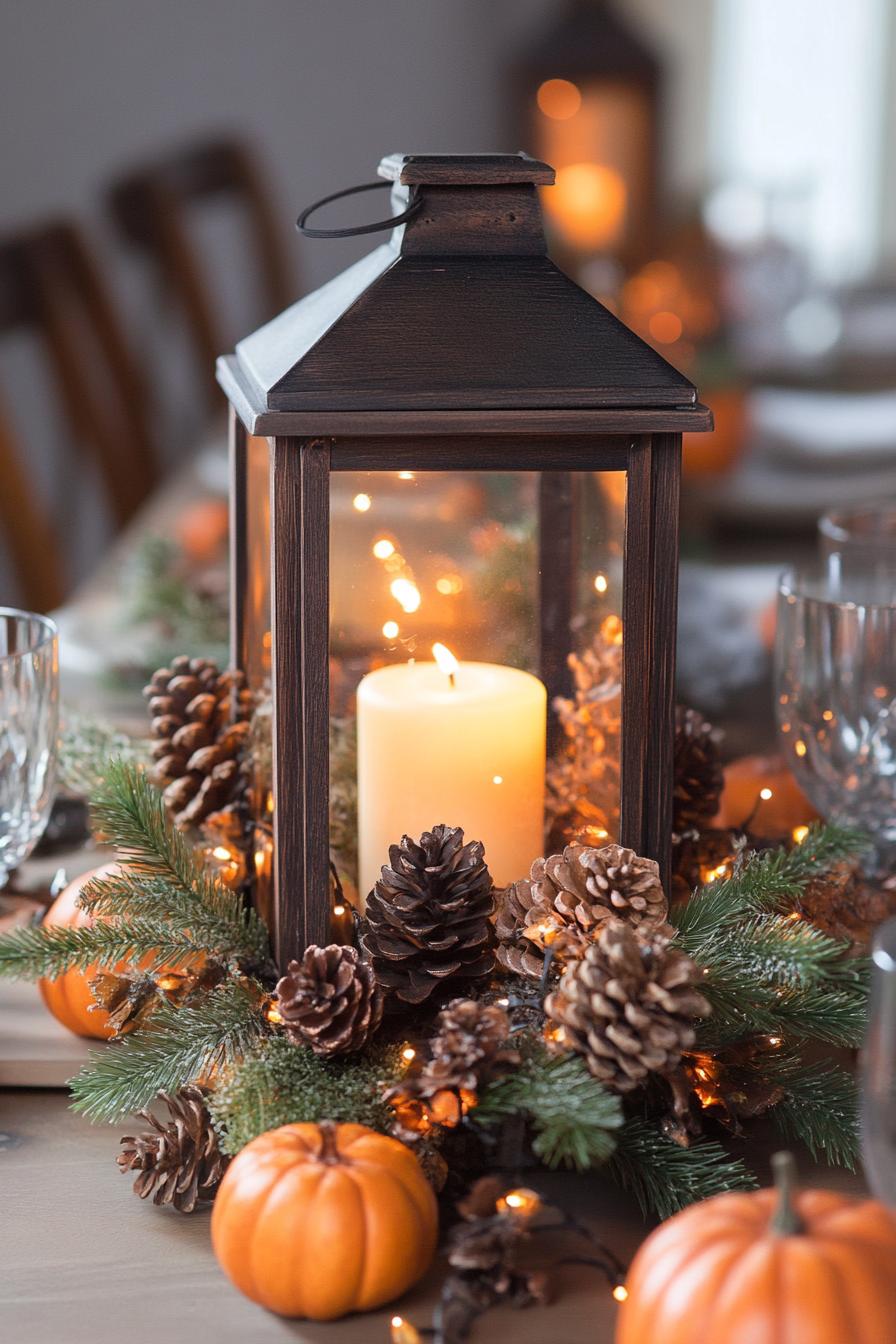 fall decor table centerpiece with rustic lantern and mini pinecones 2