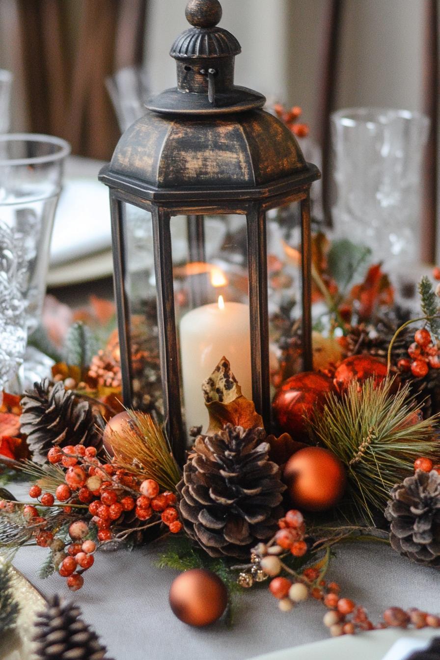 fall decor table centerpiece with rustic lantern and mini pinecones 3