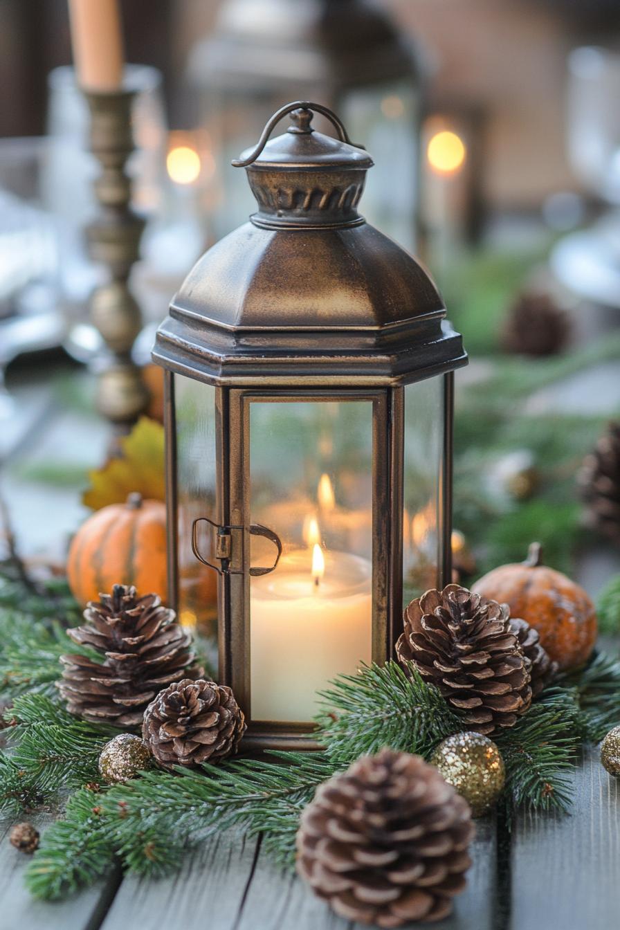 fall decor table centerpiece with rustic lantern and mini pinecones