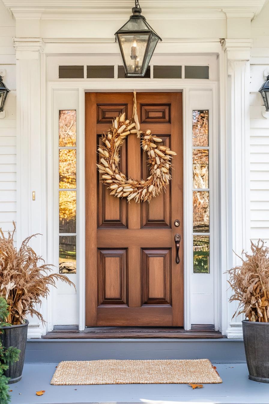 front door decorated with dried corn garland 1