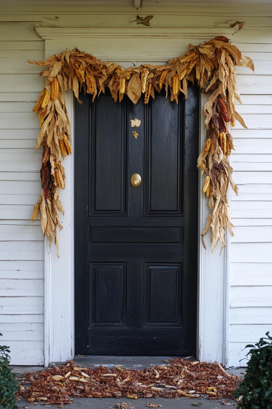 front door decorated with dried corn garland 2