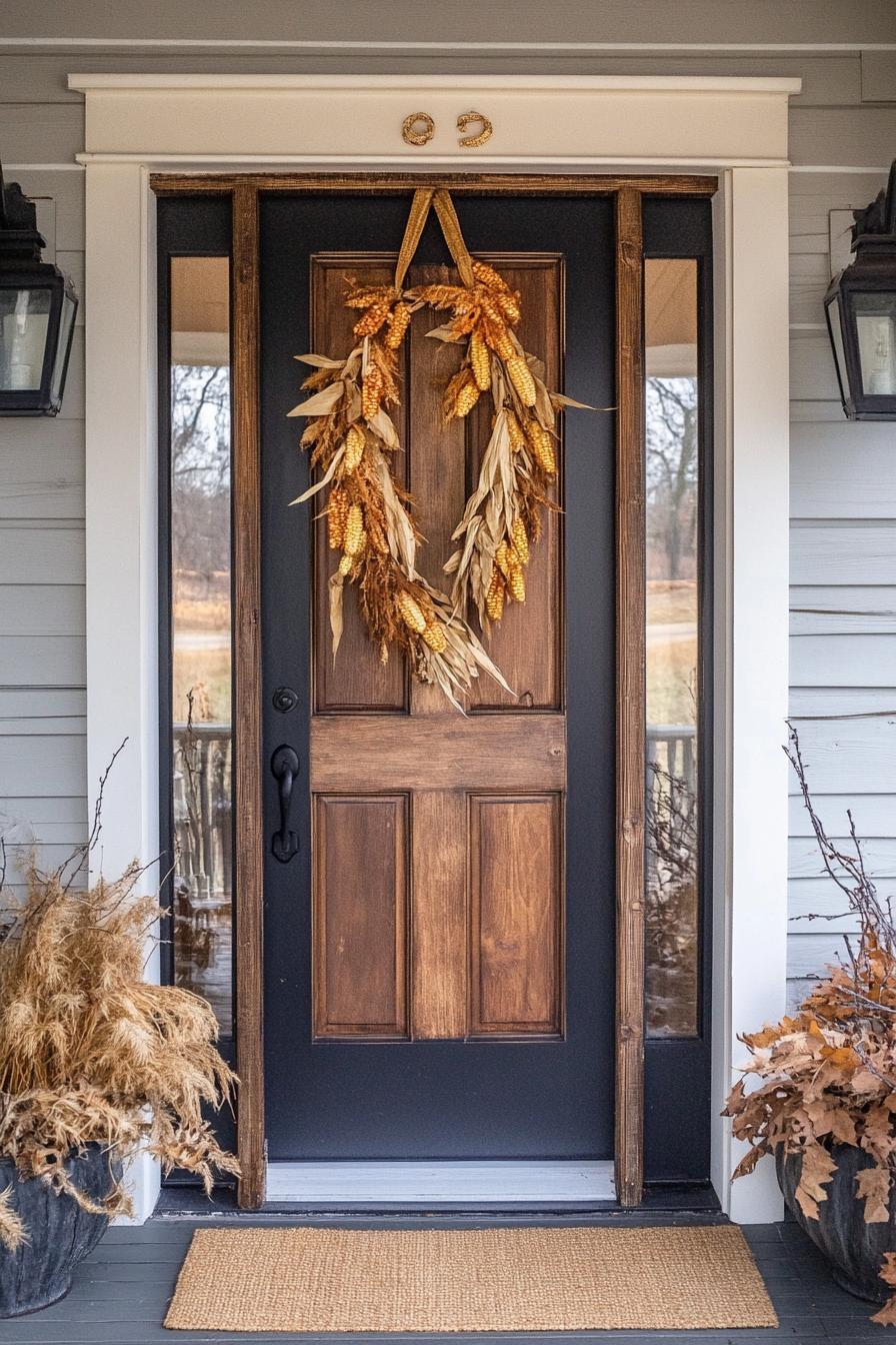 front door decorated with dried corn garland 3