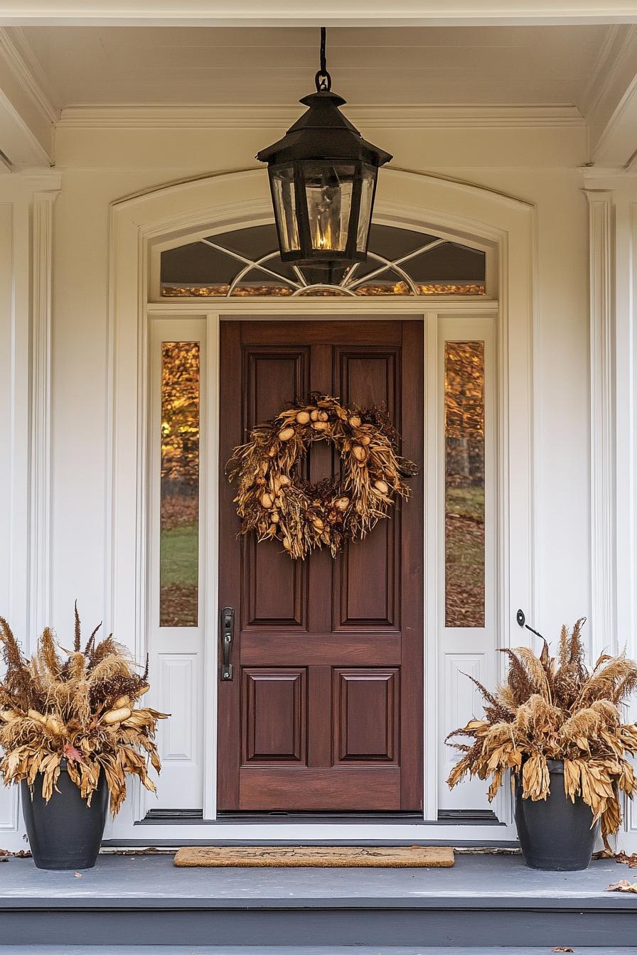 front door decorated with dried corn garland