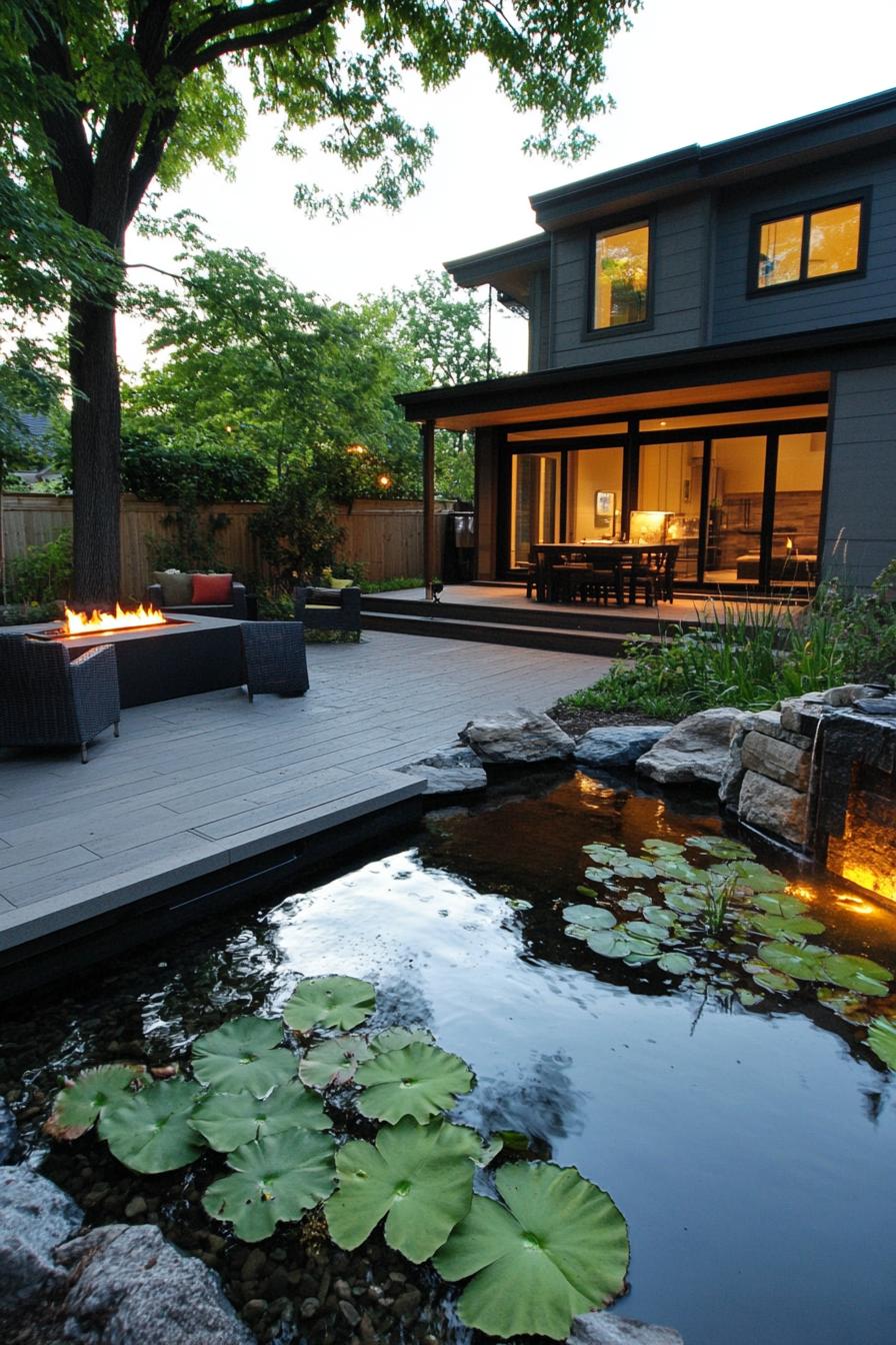 modern backyard with a pond and a fire pit 1