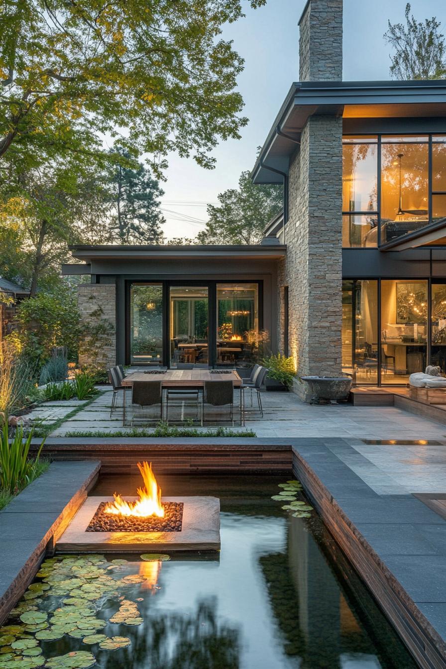 modern backyard with a pond and a fire pit 2