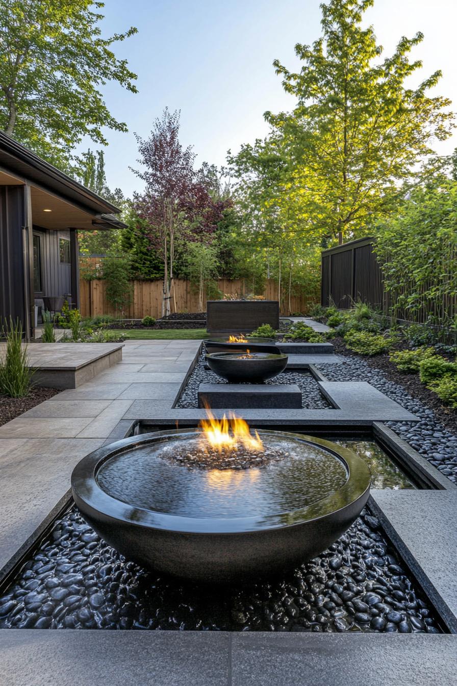 modern backyard with a pond and a fire pit 3