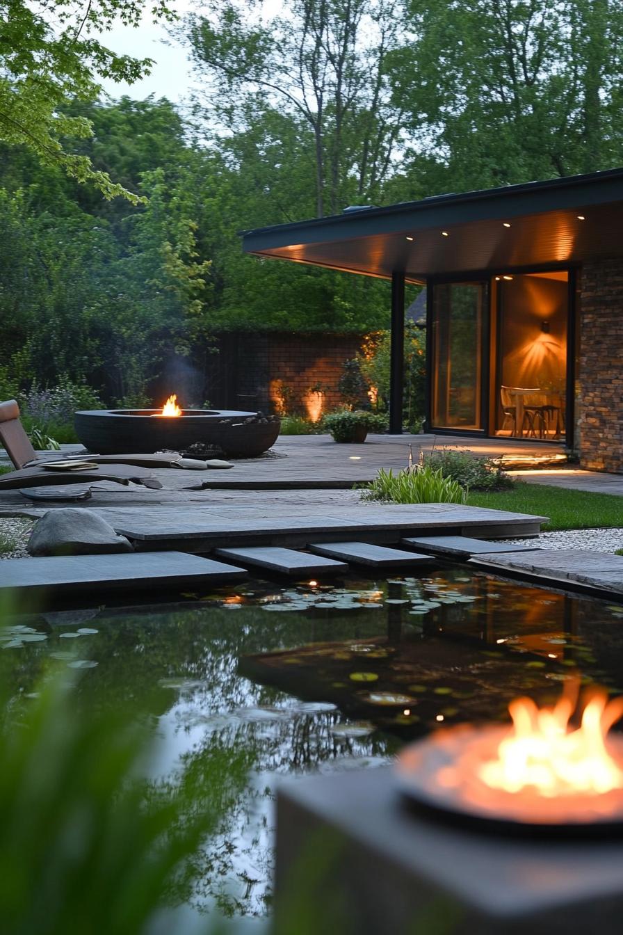 modern backyard with a pond and a fire pit