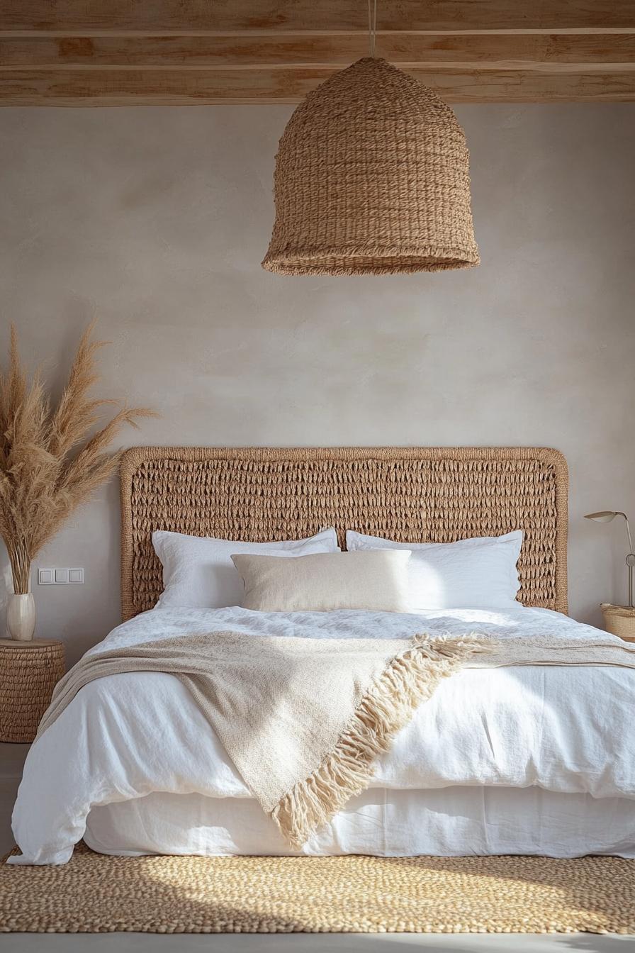 modern boho bedroom interior woven headboard 1