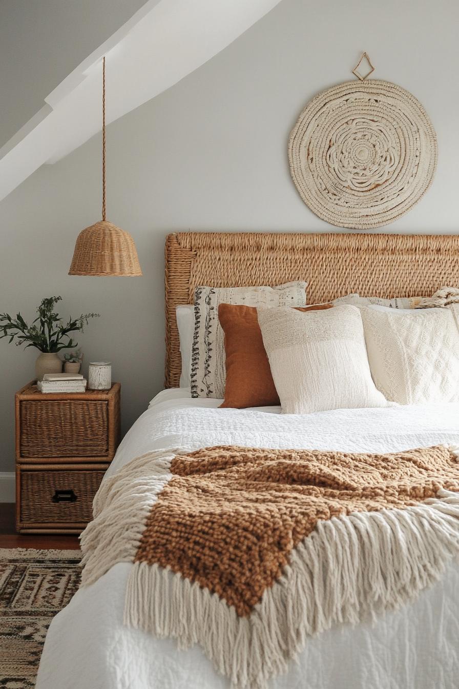 modern boho bedroom interior woven headboard 2