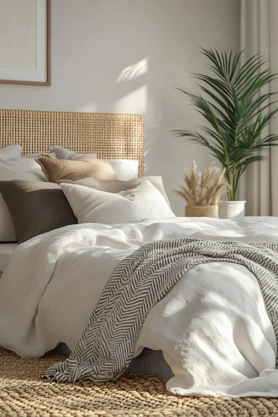 modern boho bedroom interior woven headboard 3