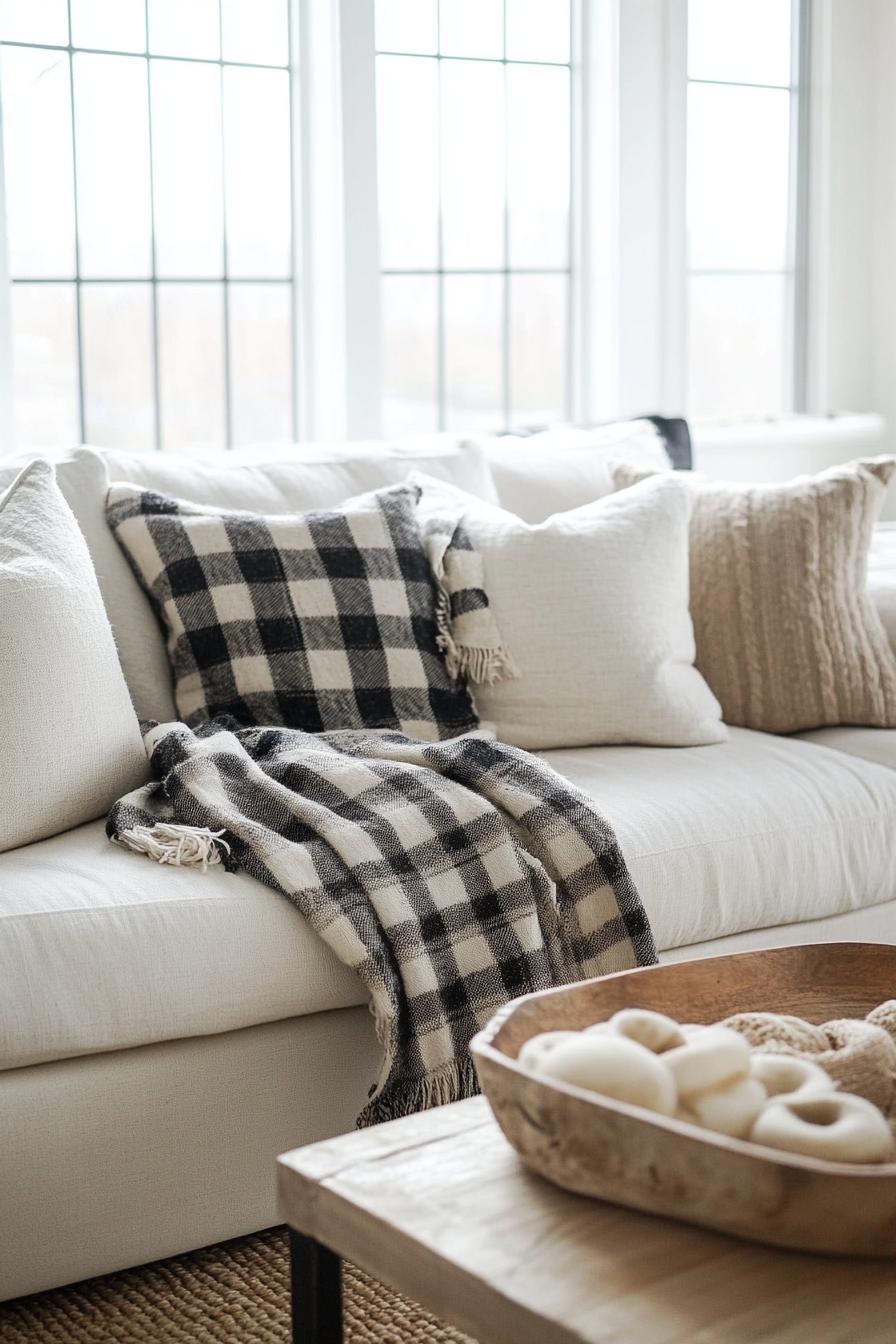 modern farmhouse interior living room sofa with accent plaid throw blanket 1