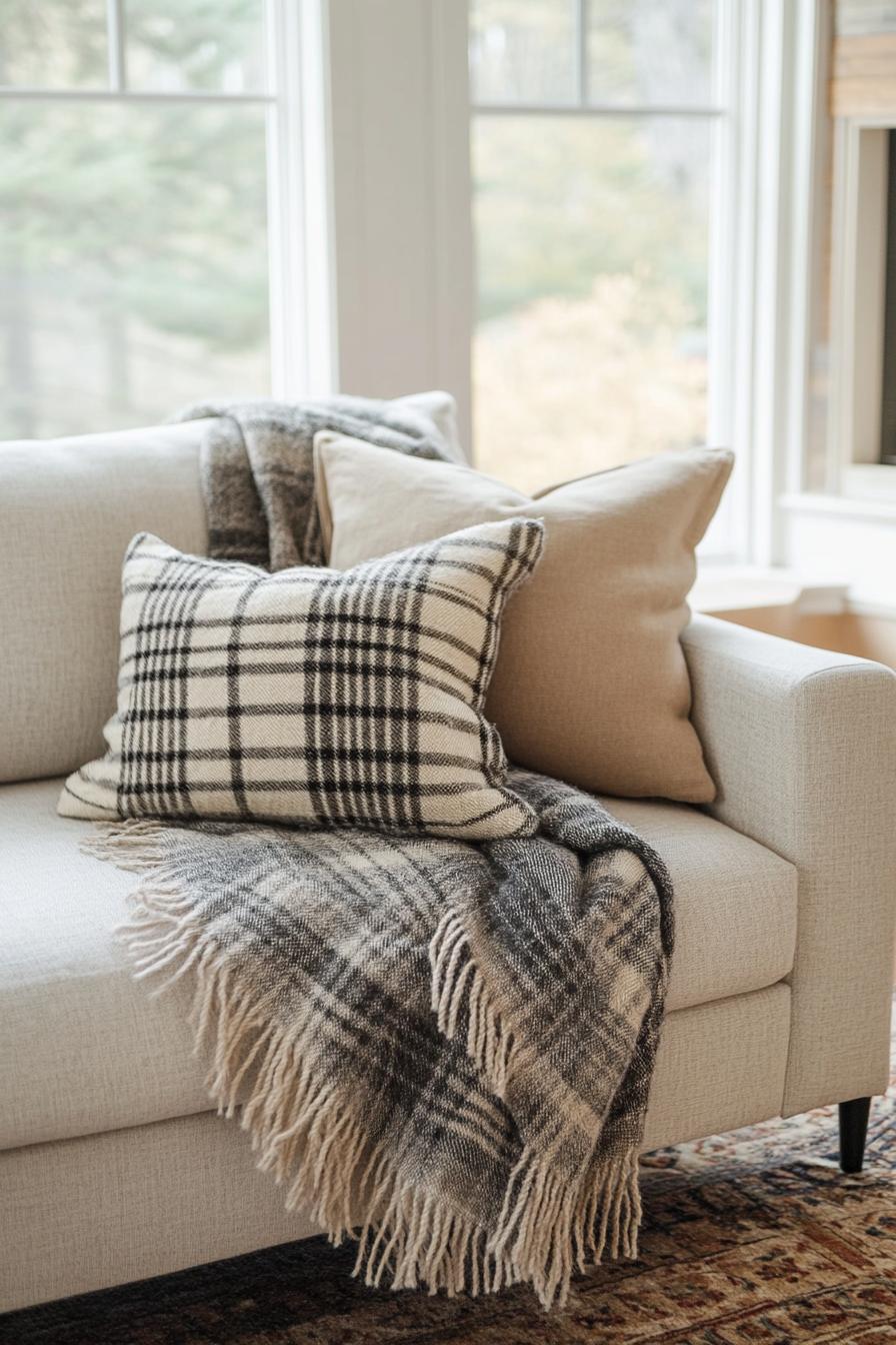 modern farmhouse interior living room sofa with accent plaid throw blanket 2