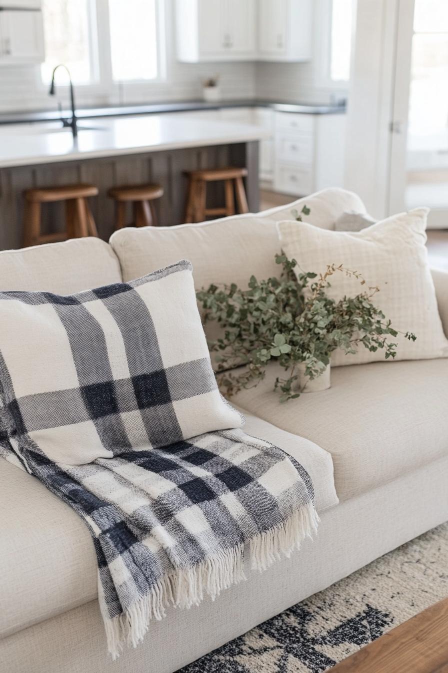 modern farmhouse interior living room sofa with accent plaid throw blanket 3