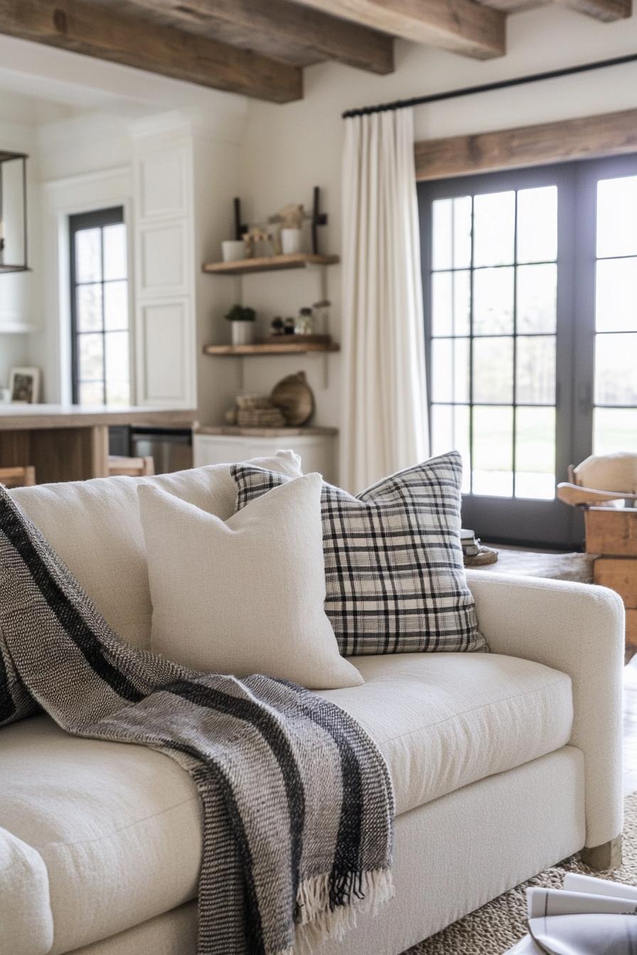 modern farmhouse interior living room sofa with accent plaid throw blanket