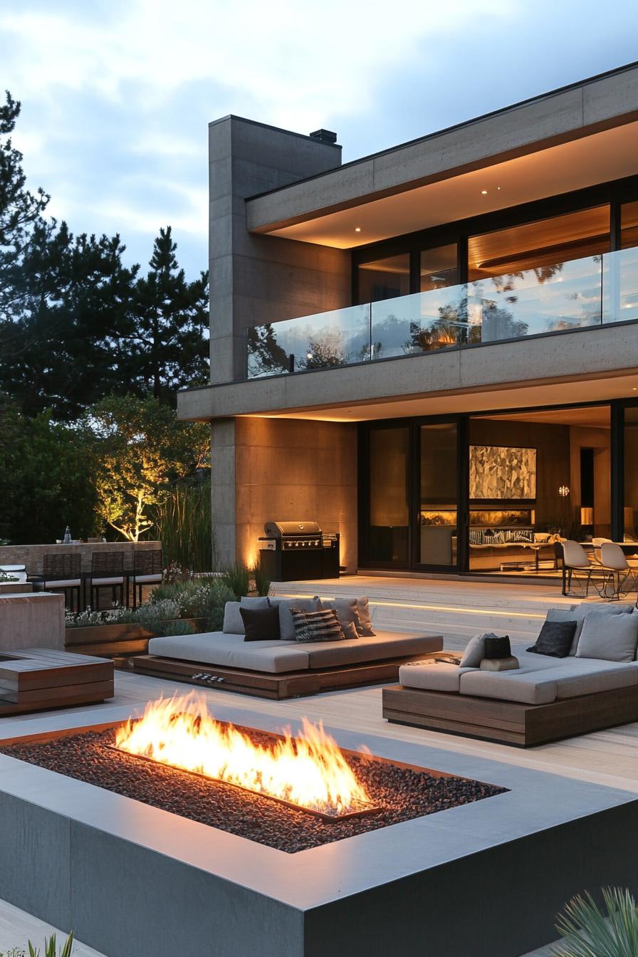 modern homse outdoor space with firepit lounge area