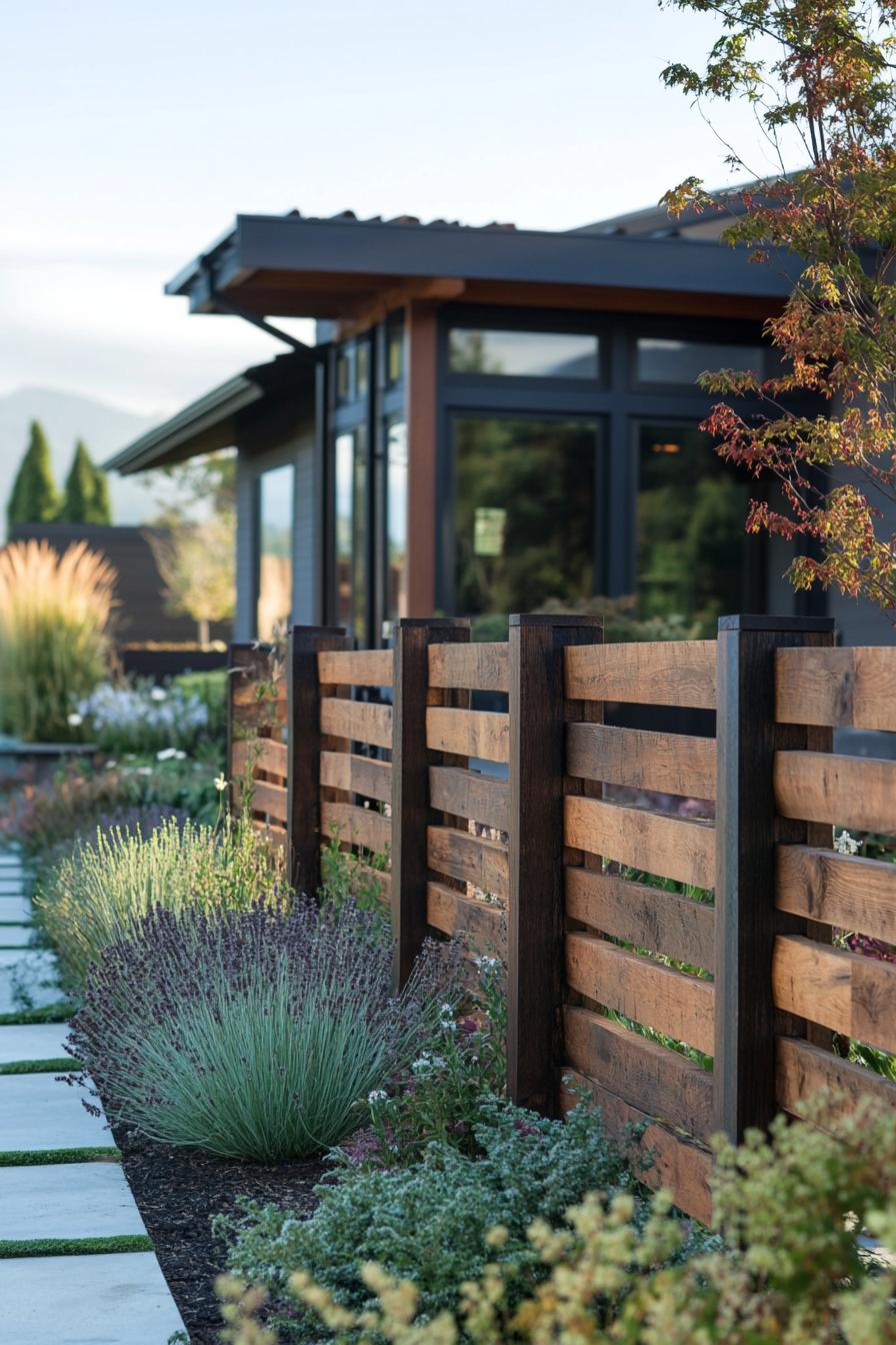 modern house front fence rustic wood style wide view