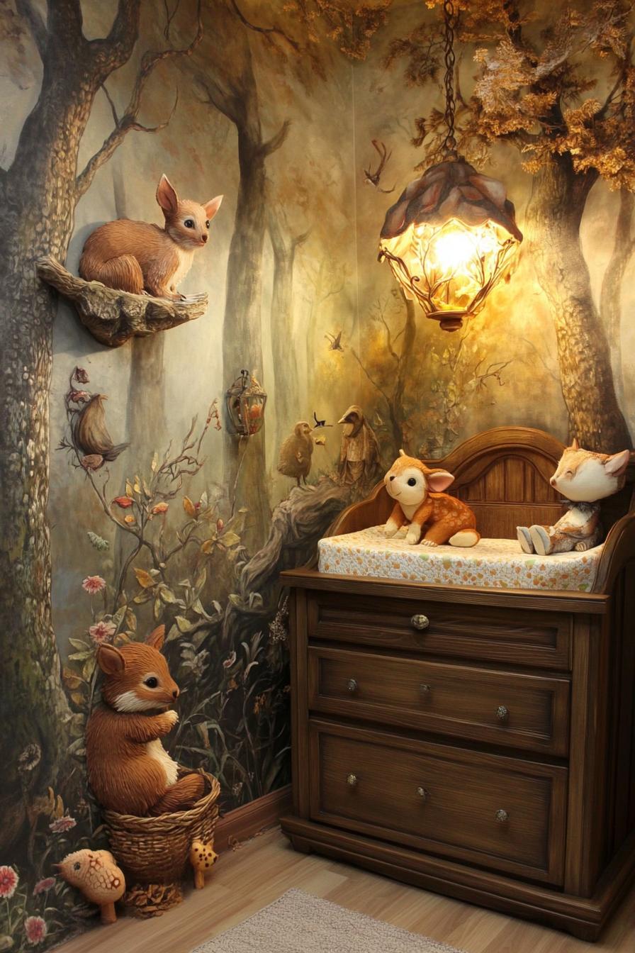 stunningly unique detailed nursery interior in woodland creatures theme