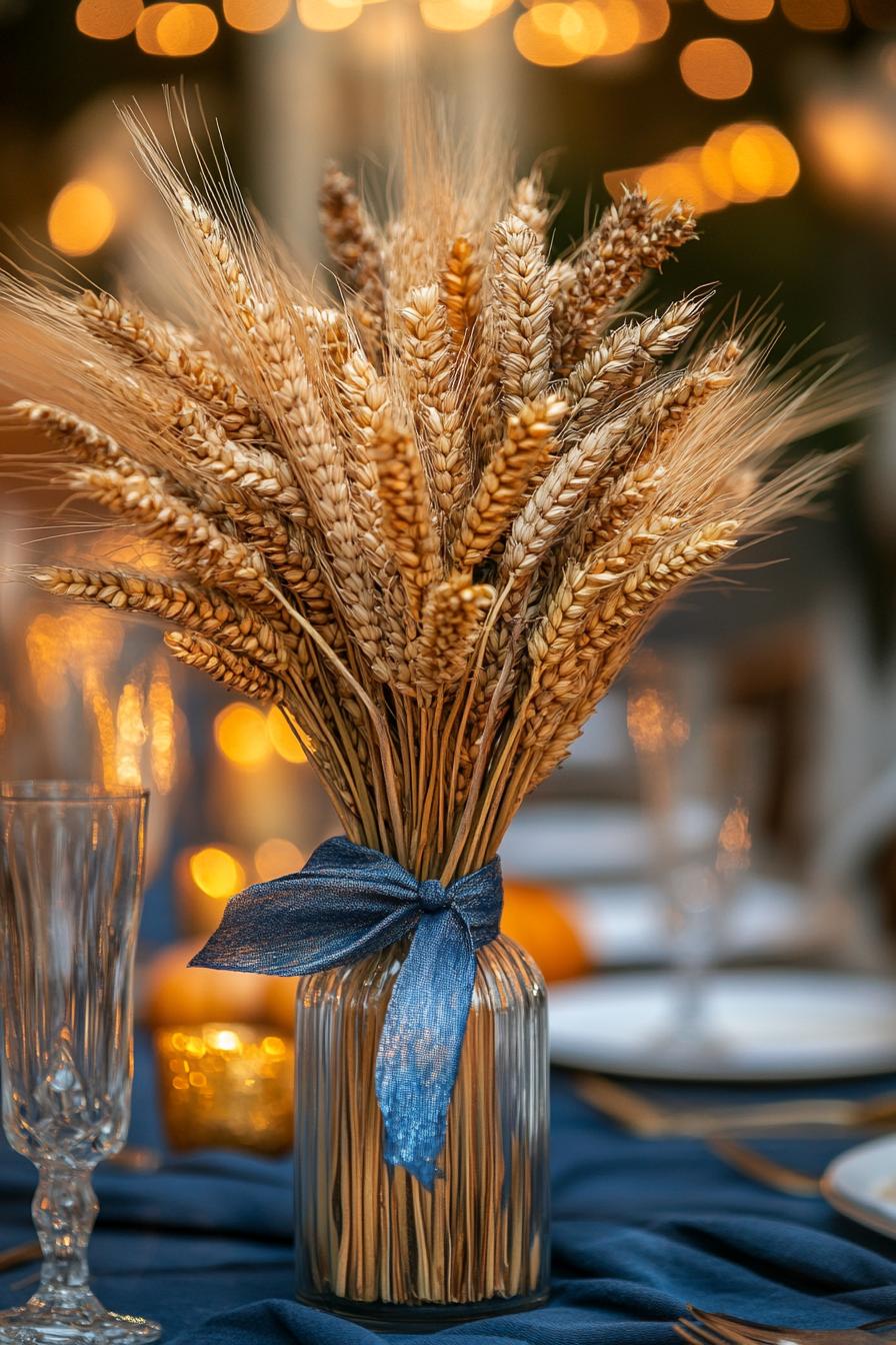 fall decor table centerpiece with wheat bundle tied with ribbon 1