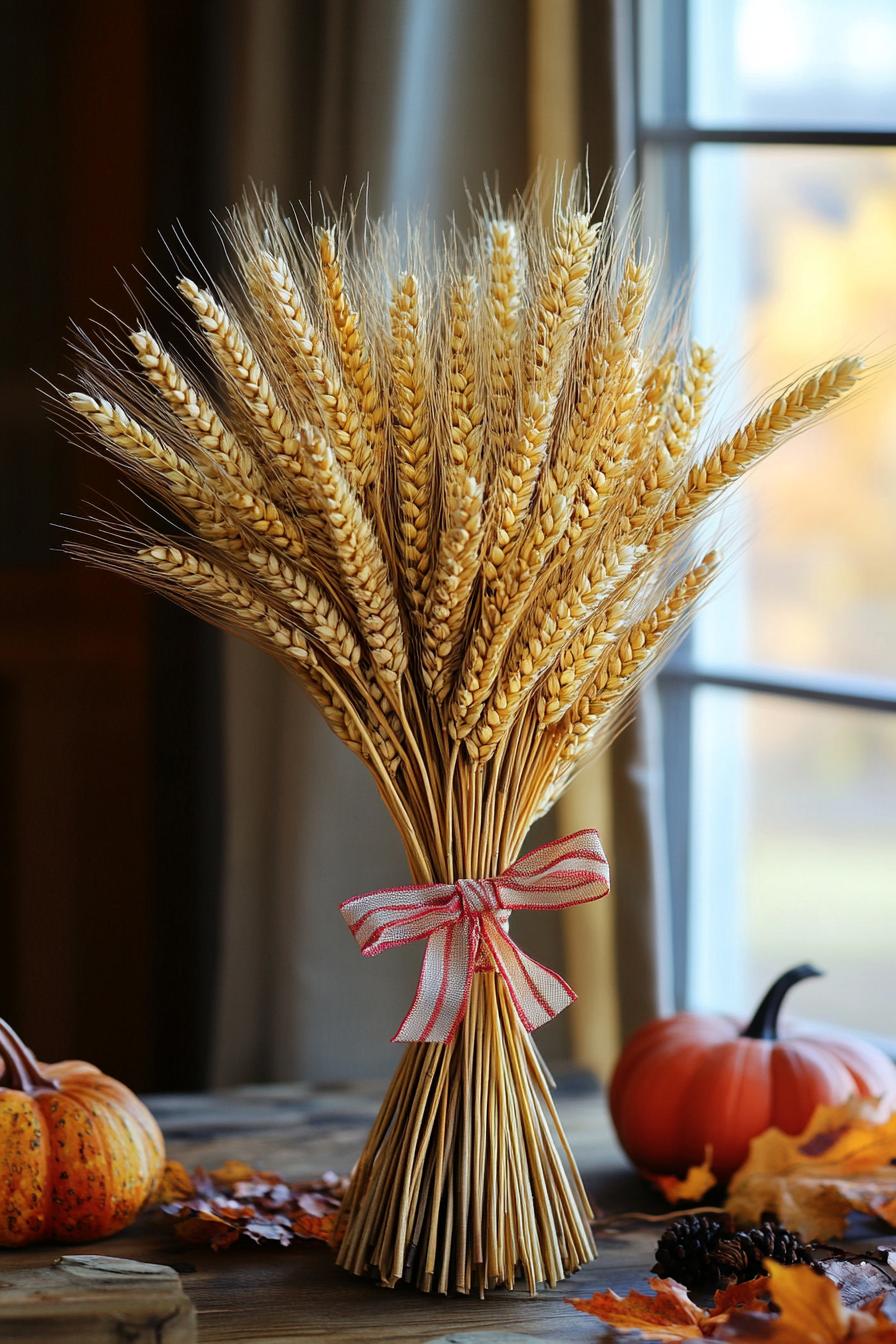 fall decor table centerpiece with wheat bundle tied with ribbon 2