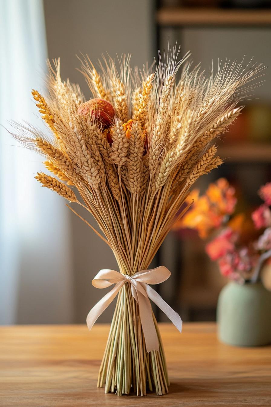 fall decor table centerpiece with wheat bundle tied with ribbon 3