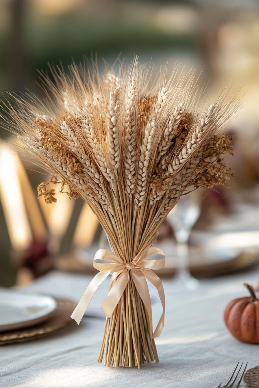 fall decor table centerpiece with wheat bundle tied with ribbon