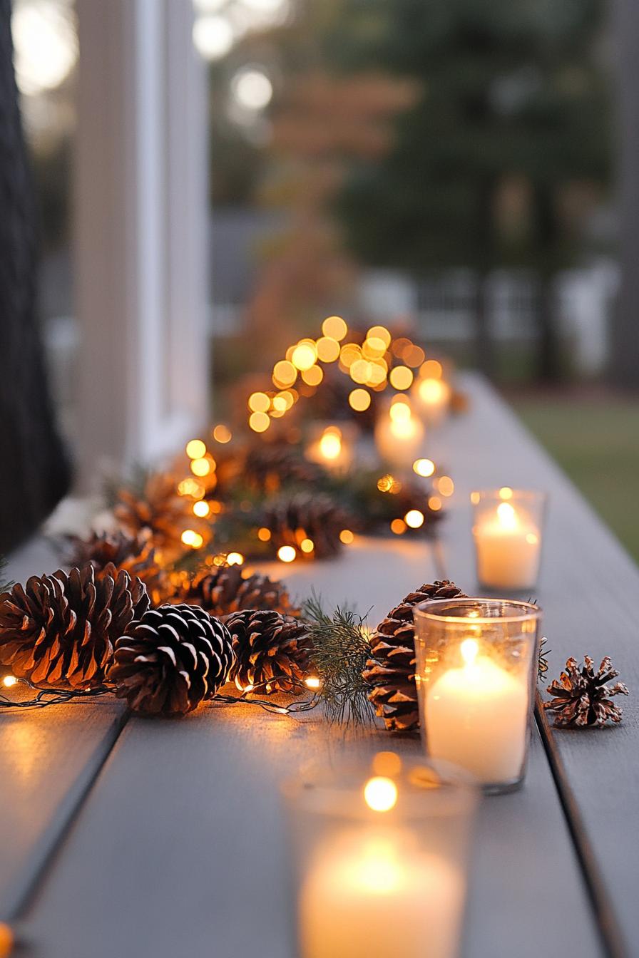 fall patio decor with pinecone garlard fairy lights 1