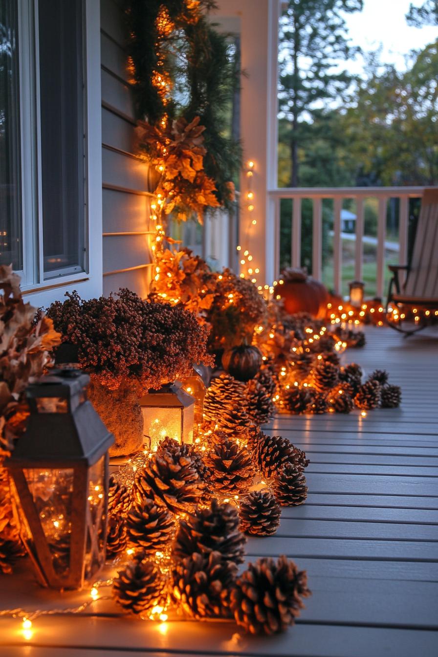 fall patio decor with pinecone garlard fairy lights 2