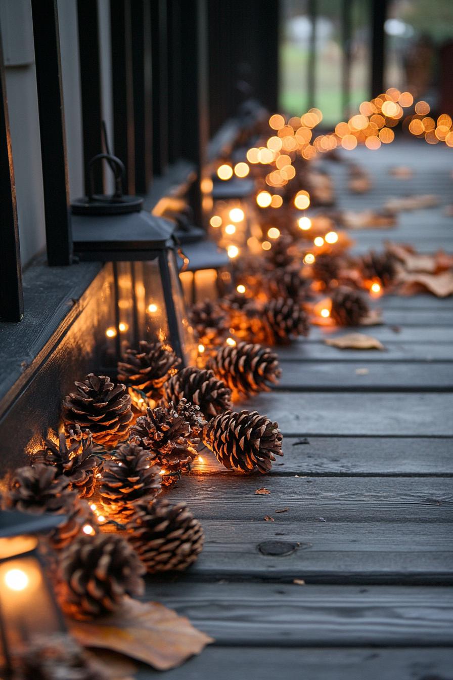 fall patio decor with pinecone garlard fairy lights 3