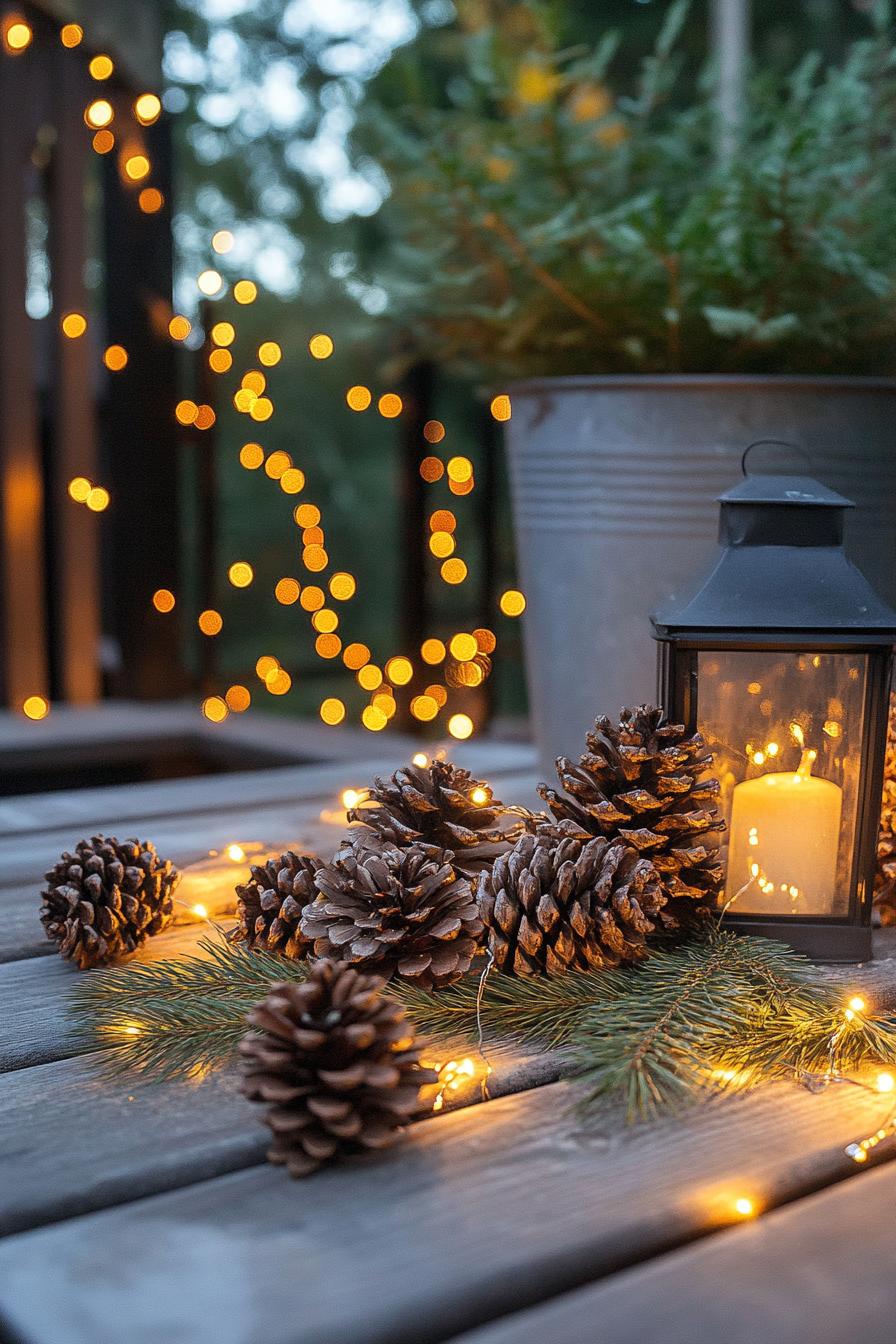 fall patio decor with pinecone garlard fairy lights