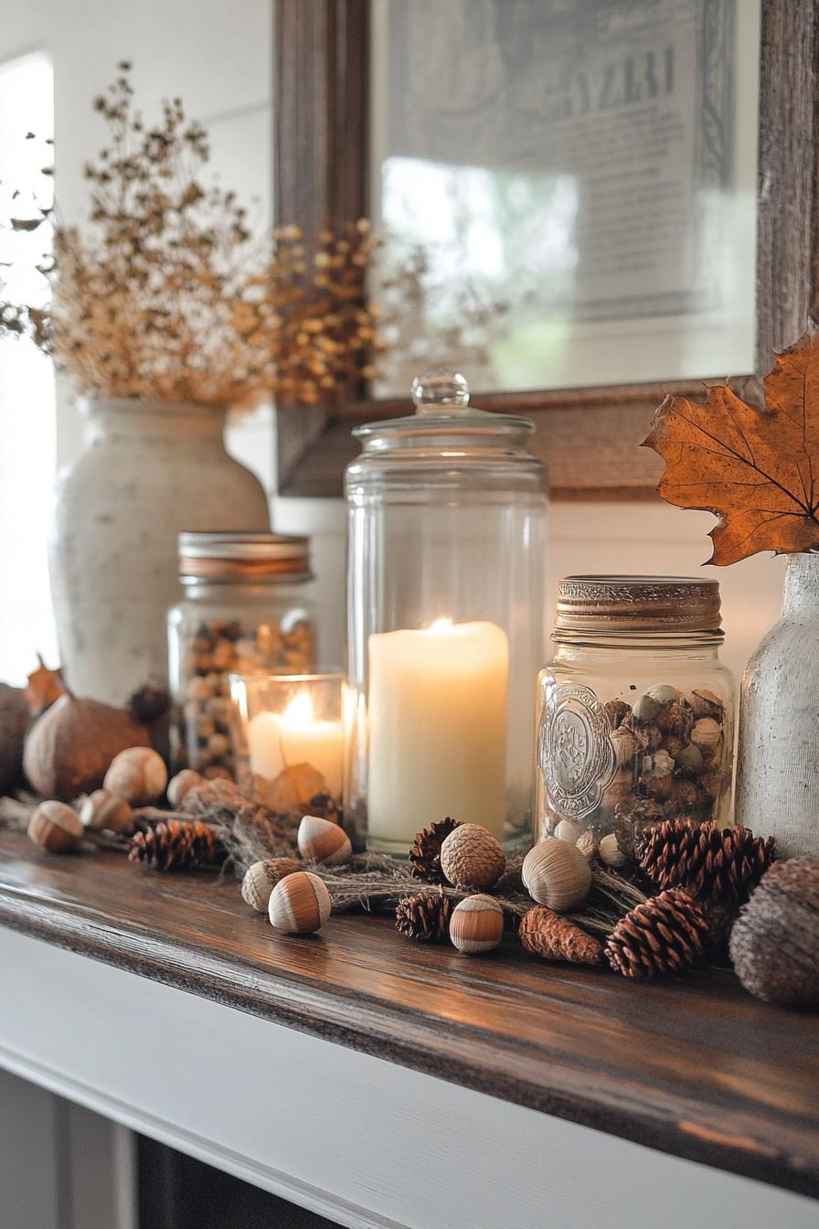 mantel decorated for fall with candle jars filled with acorns farmhouse style decor 1