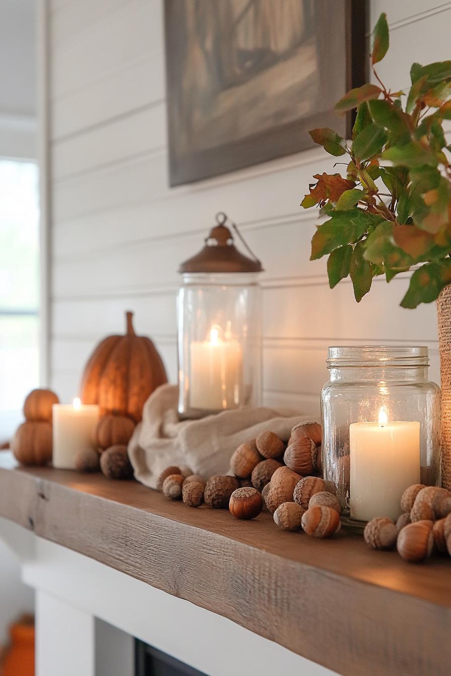 mantel decorated for fall with candle jars filled with acorns farmhouse style decor 2