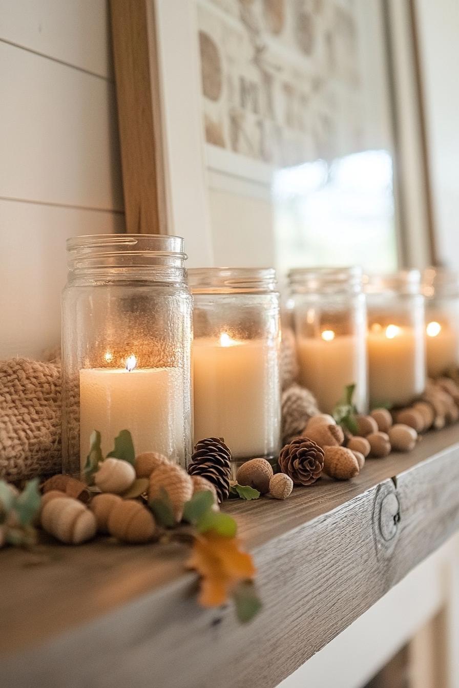 mantel decorated for fall with candle jars filled with acorns farmhouse style decor 3