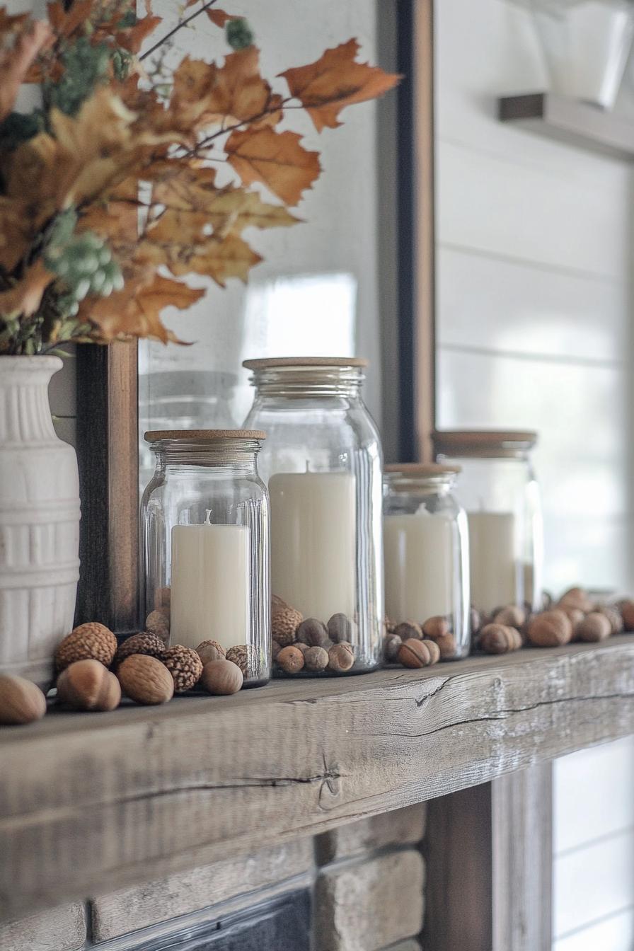 mantel decorated for fall with candle jars filled with acorns farmhouse style decor