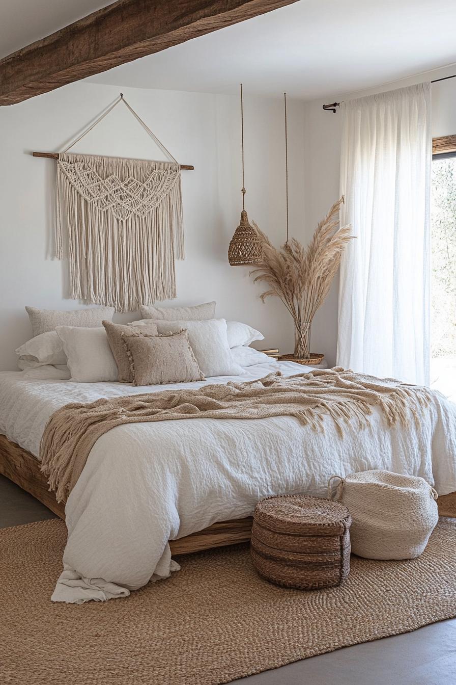 modern boho bedroom interior with macrame hangings 1