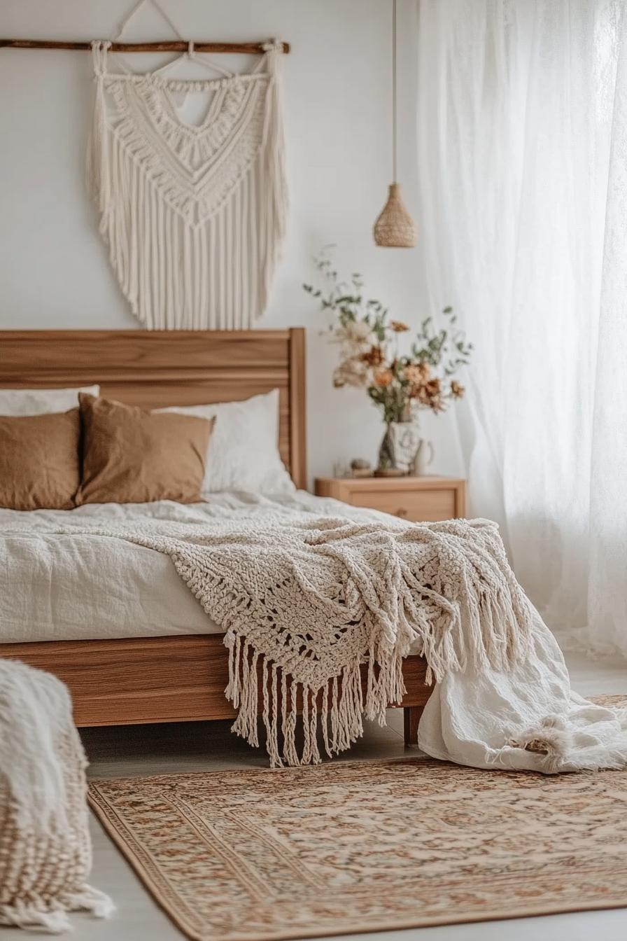 modern boho bedroom interior with macrame hangings 2