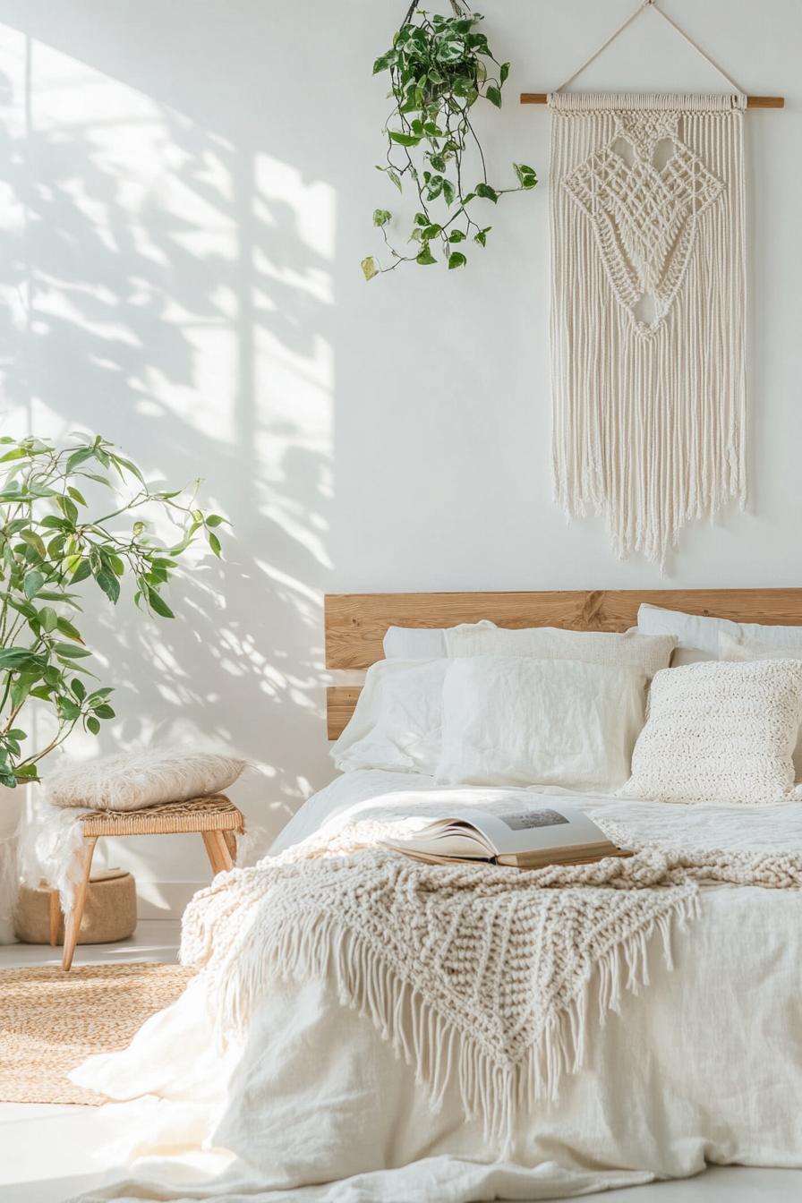 modern boho bedroom interior with macrame hangings 3