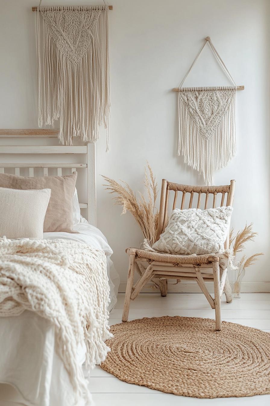 modern boho bedroom interior with macrame hangings